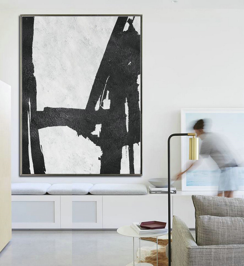 Abstract Painting Extra Large Canvas Art,Black And White Minimal Painting On Canvas - Colorful Wall Art